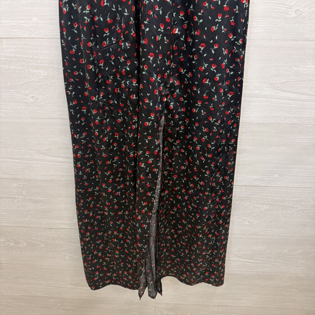 Black/Red Rose Silky Maxi with Puff Sleeves Extra Small