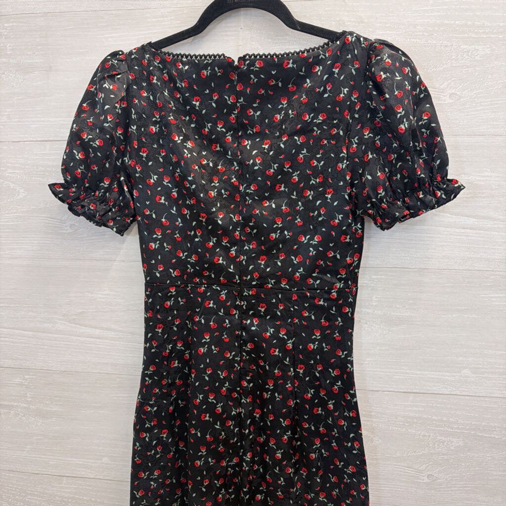 Black/Red Rose Silky Maxi with Puff Sleeves Extra Small