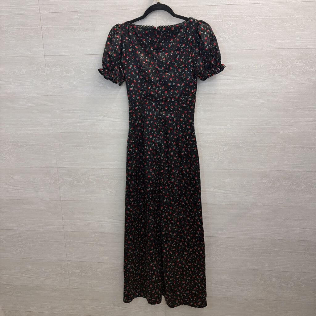Black/Red Rose Silky Maxi with Puff Sleeves Extra Small