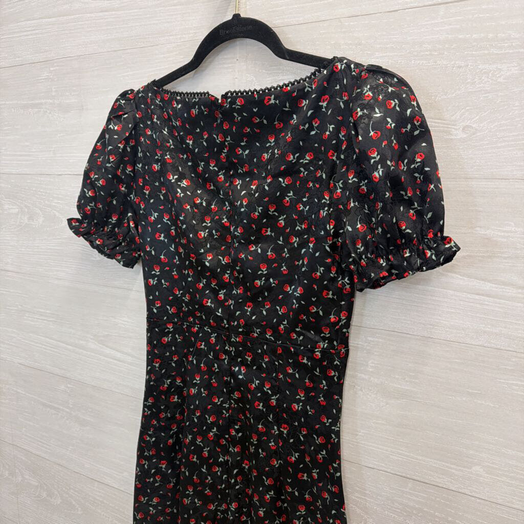 Black/Red Rose Silky Maxi with Puff Sleeves Extra Small
