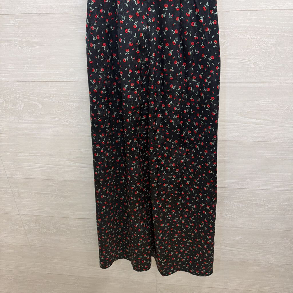 Black/Red Rose Silky Maxi with Puff Sleeves Extra Small