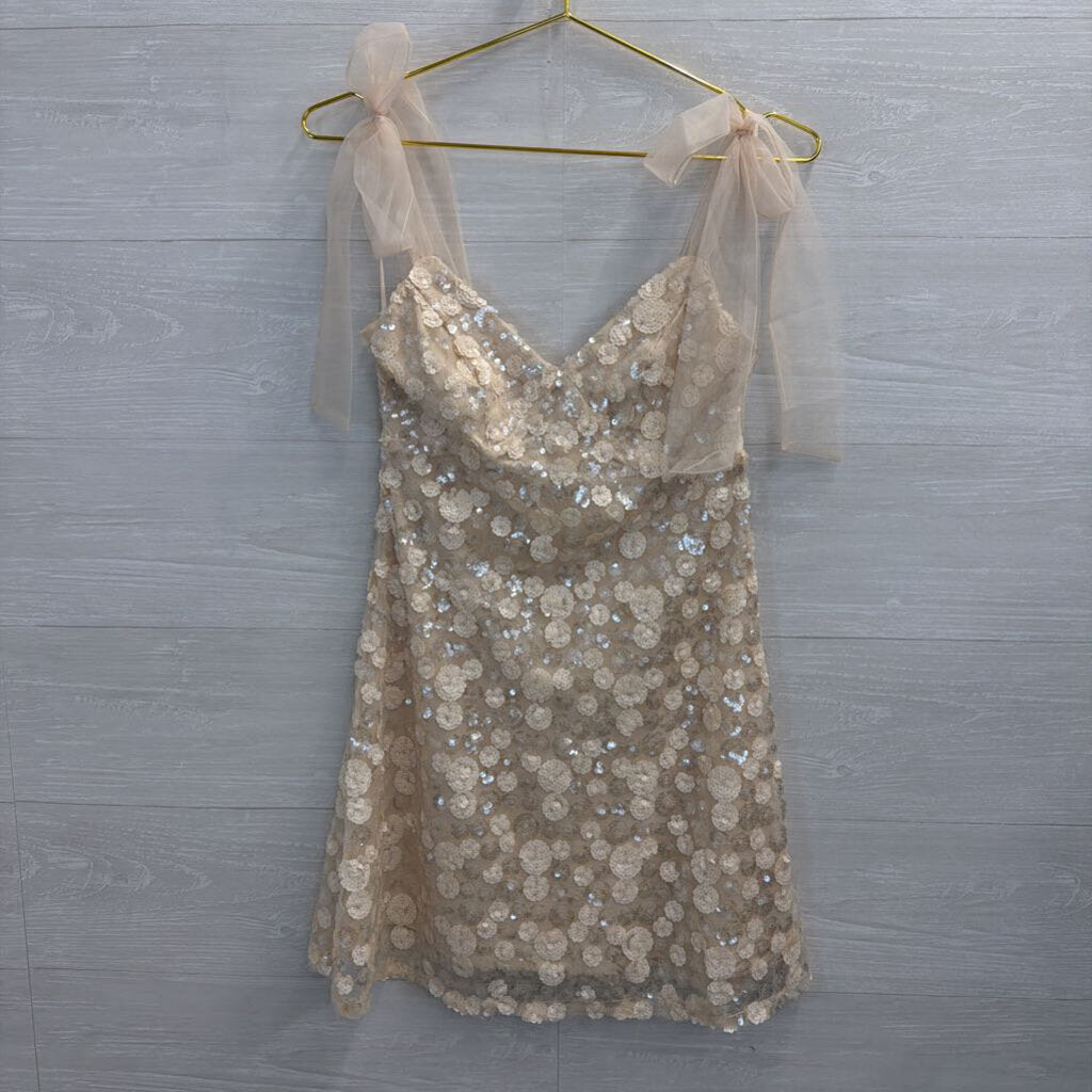 Mi Ami Ivory Floral Sequin Bow Strap Dress Extra Small