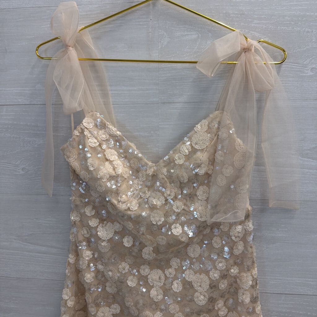 Mi Ami Ivory Floral Sequin Bow Strap Dress Extra Small