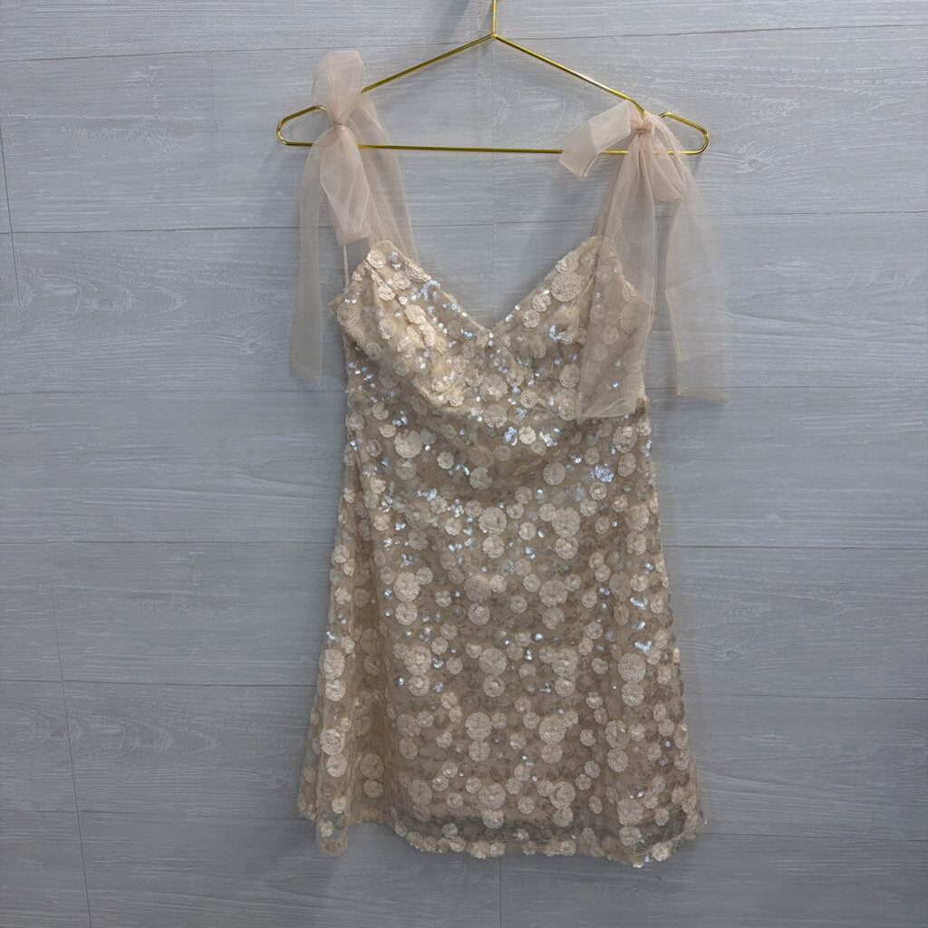 Mi Ami Ivory Floral Sequin Bow Strap Dress Extra Small