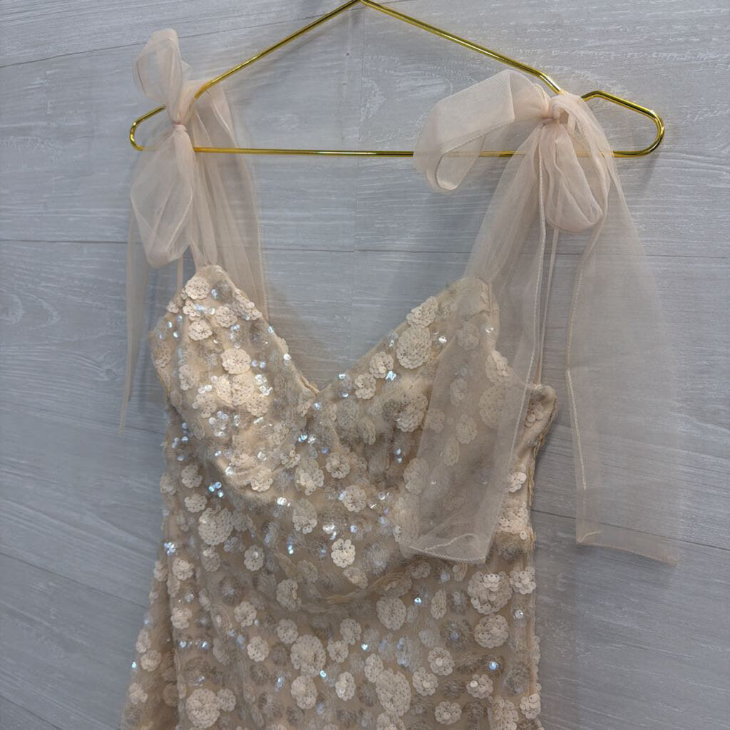 Mi Ami Ivory Floral Sequin Bow Strap Dress Extra Small