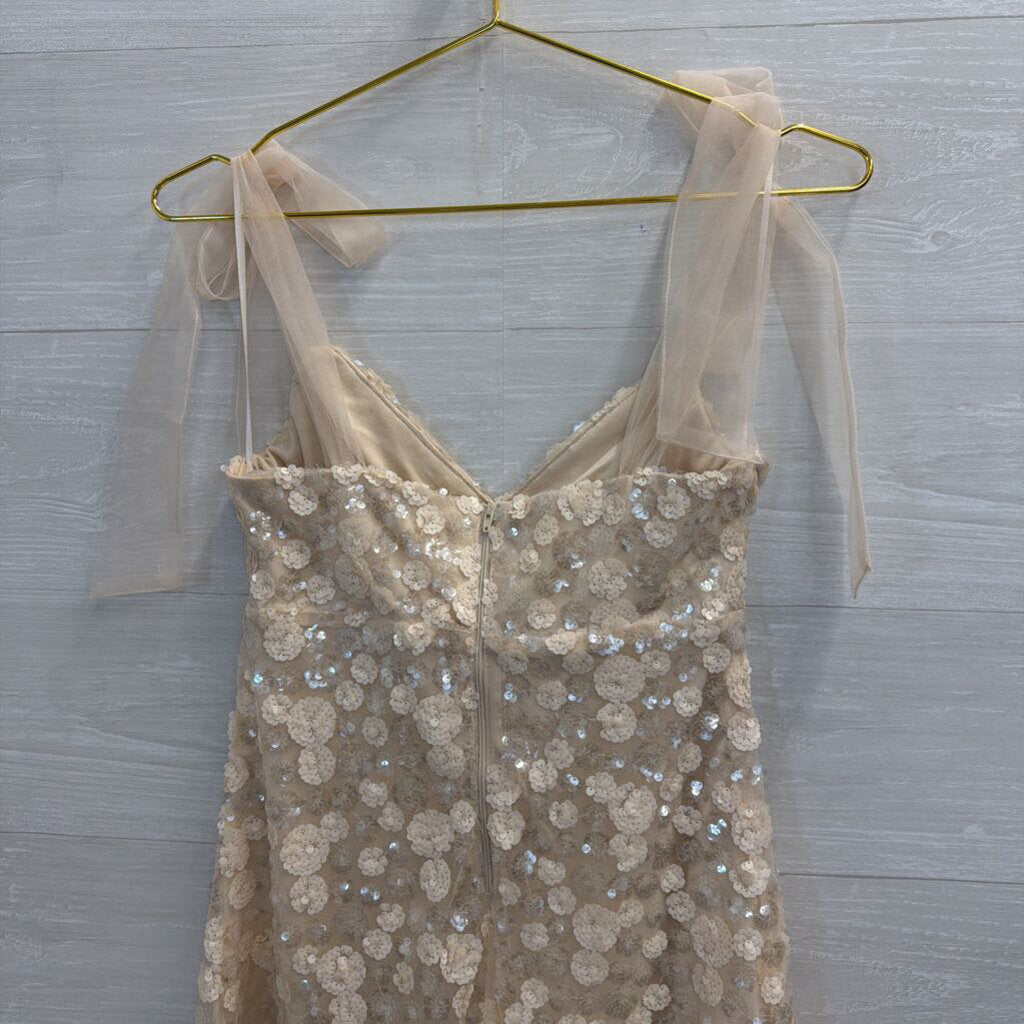 Mi Ami Ivory Floral Sequin Bow Strap Dress Extra Small