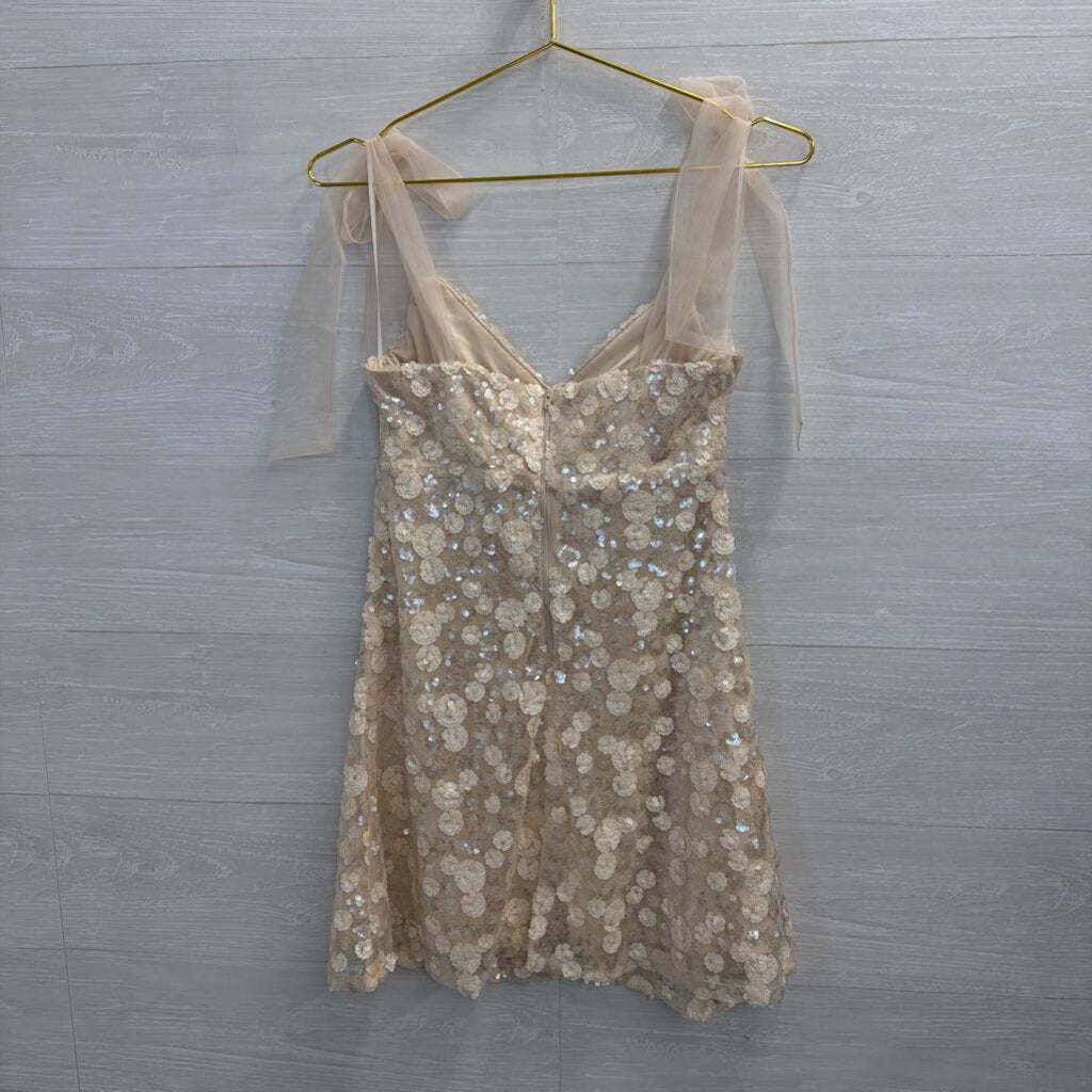Mi Ami Ivory Floral Sequin Bow Strap Dress Extra Small