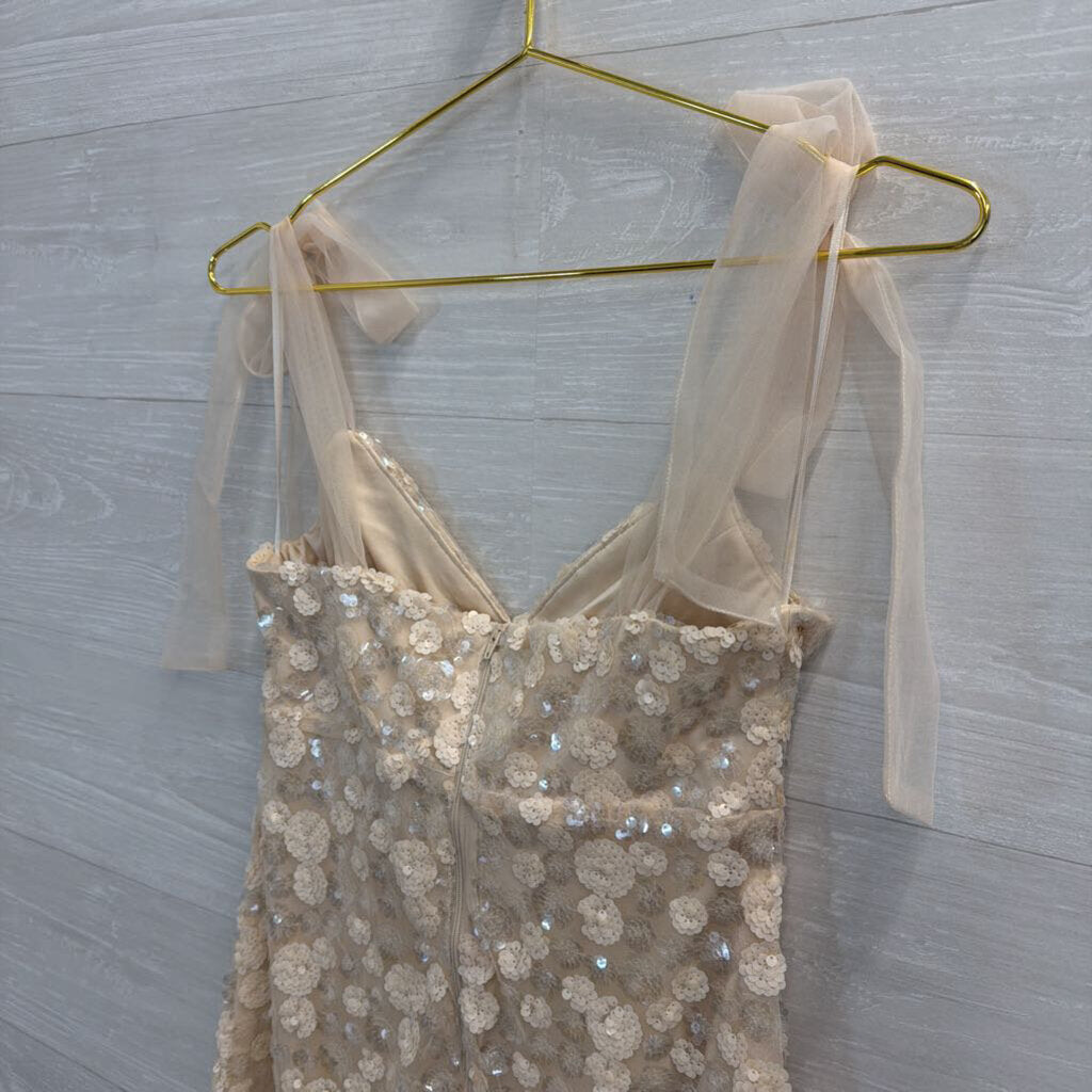 Mi Ami Ivory Floral Sequin Bow Strap Dress Extra Small