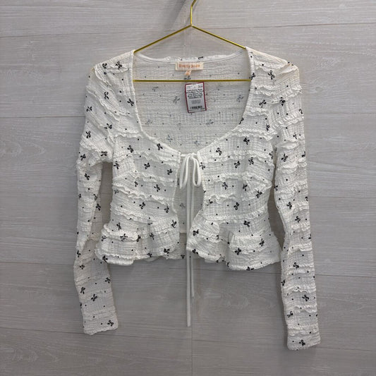 White/Black Tie Front Long Sleeve Top Bows Extra Small