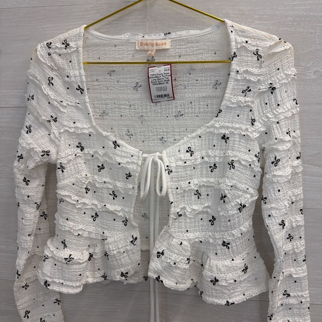 White/Black Tie Front Long Sleeve Top Bows Extra Small
