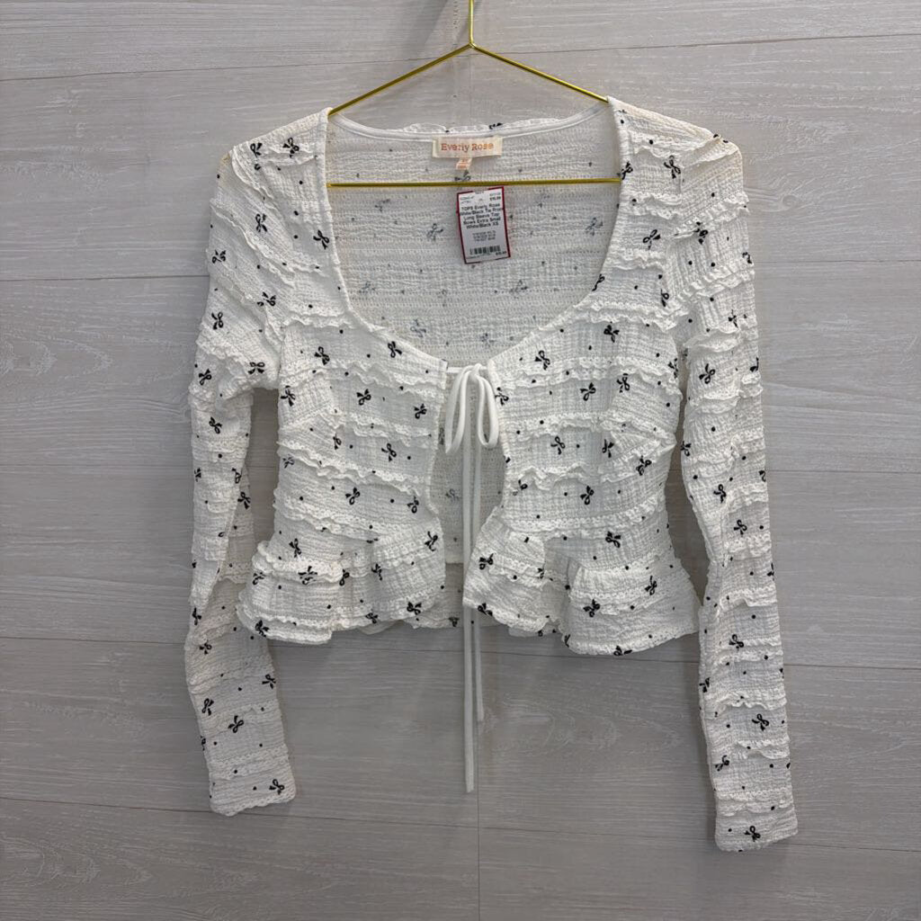 White/Black Tie Front Long Sleeve Top Bows Extra Small