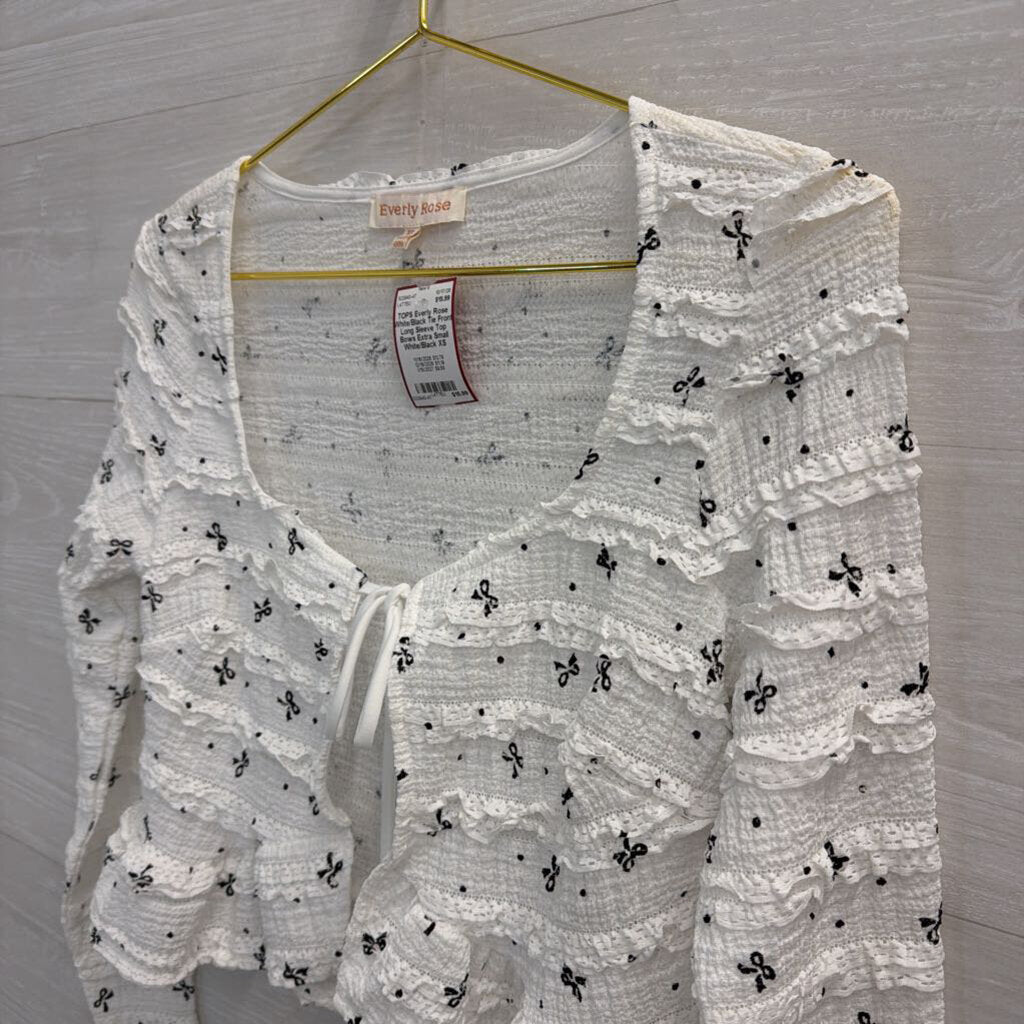 White/Black Tie Front Long Sleeve Top Bows Extra Small
