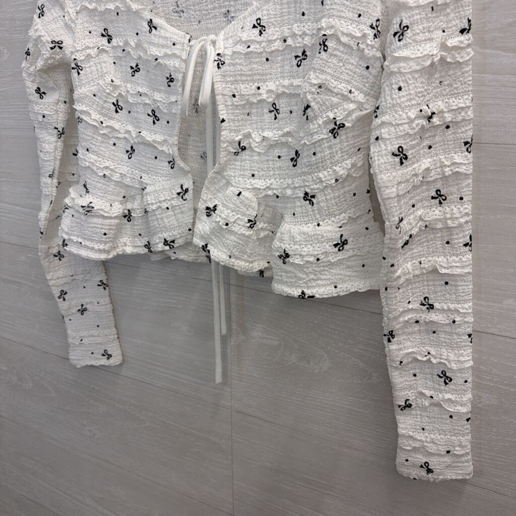 White/Black Tie Front Long Sleeve Top Bows Extra Small