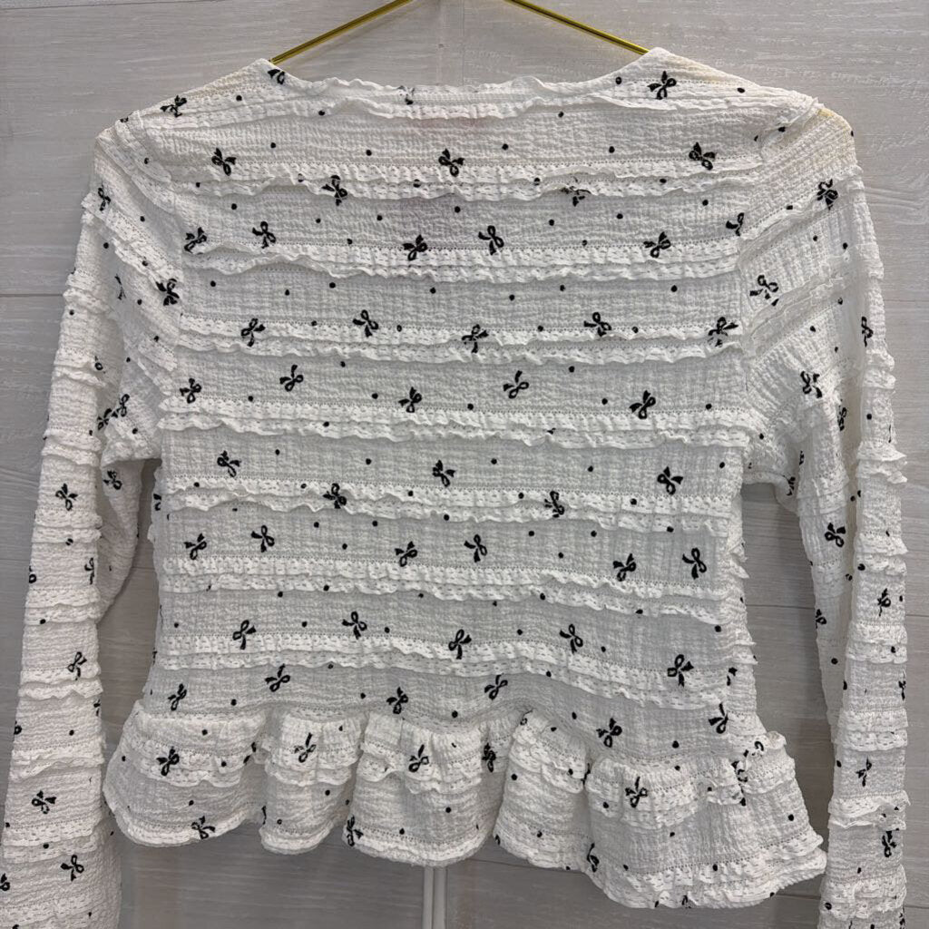 White/Black Tie Front Long Sleeve Top Bows Extra Small
