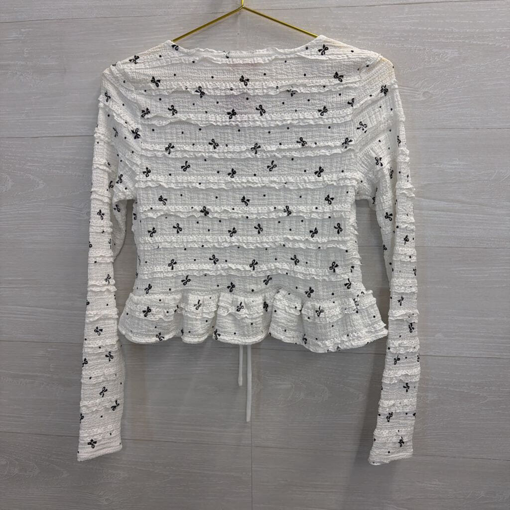 White/Black Tie Front Long Sleeve Top Bows Extra Small