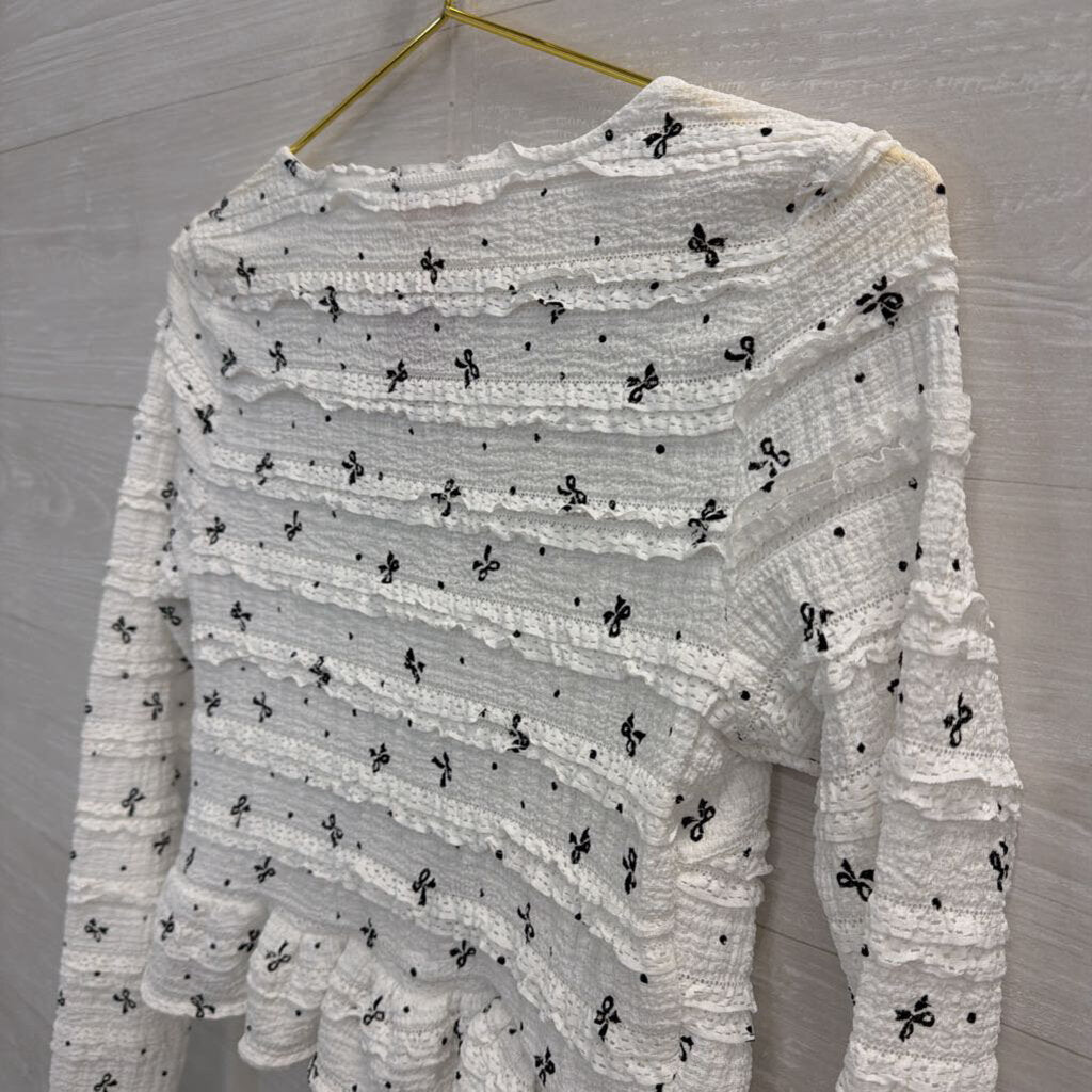 White/Black Tie Front Long Sleeve Top Bows Extra Small