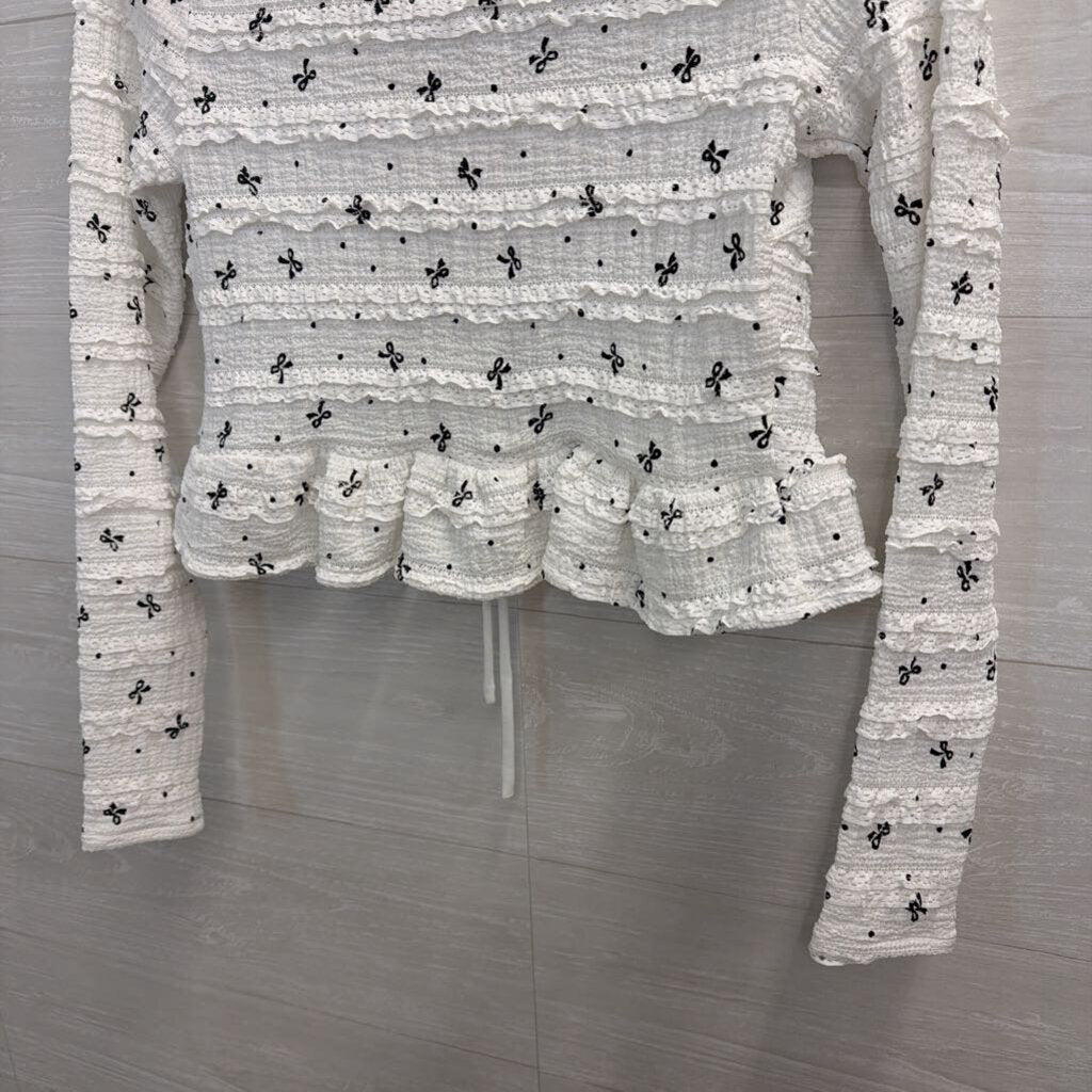 White/Black Tie Front Long Sleeve Top Bows Extra Small