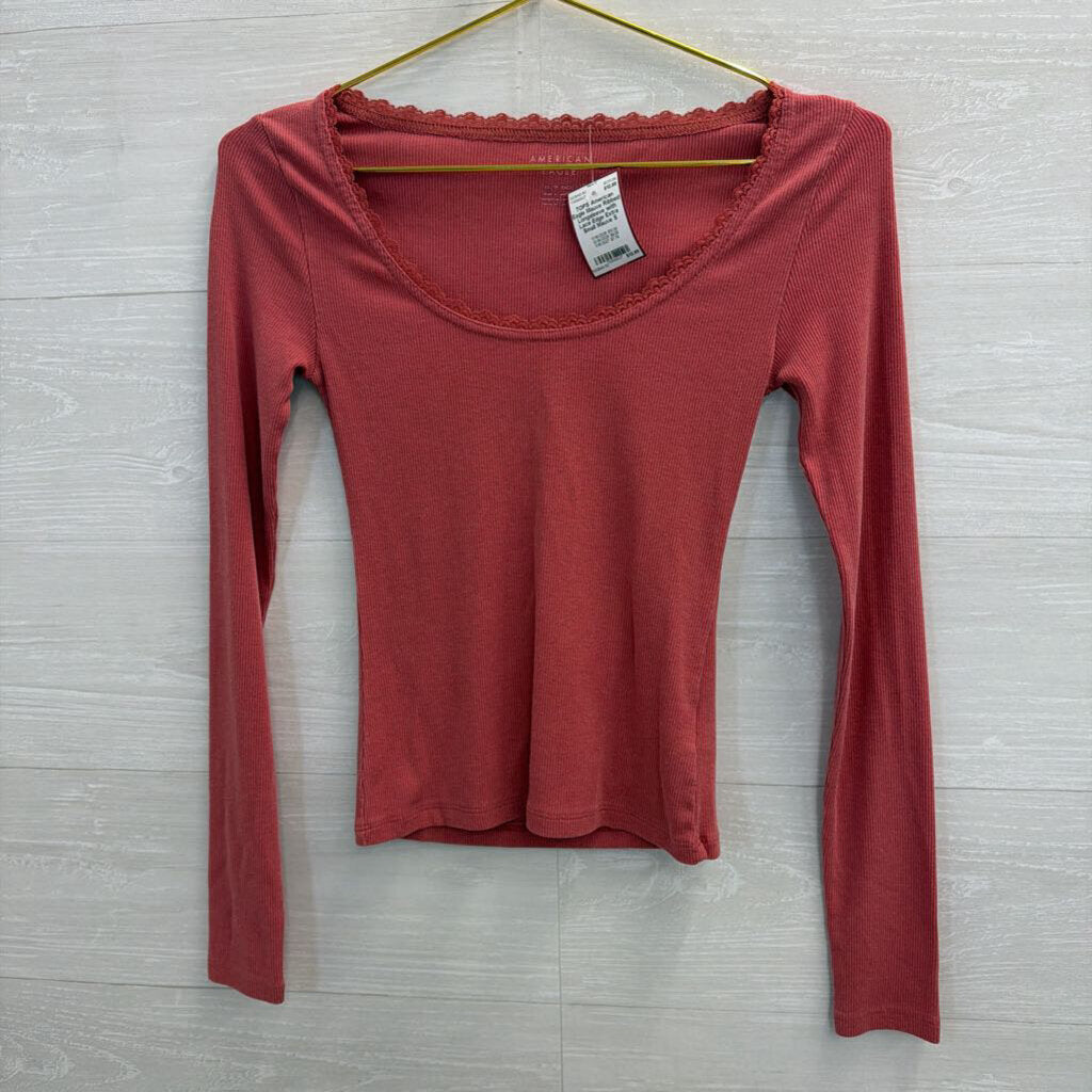 Mauve Ribbed Longsleeve with Lace Edge Extra Small
