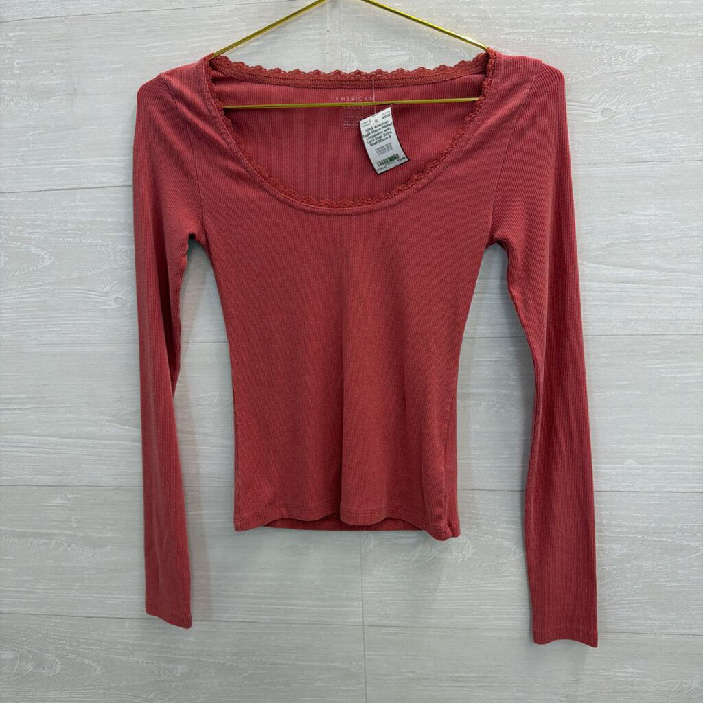 Mauve Ribbed Longsleeve with Lace Edge Extra Small