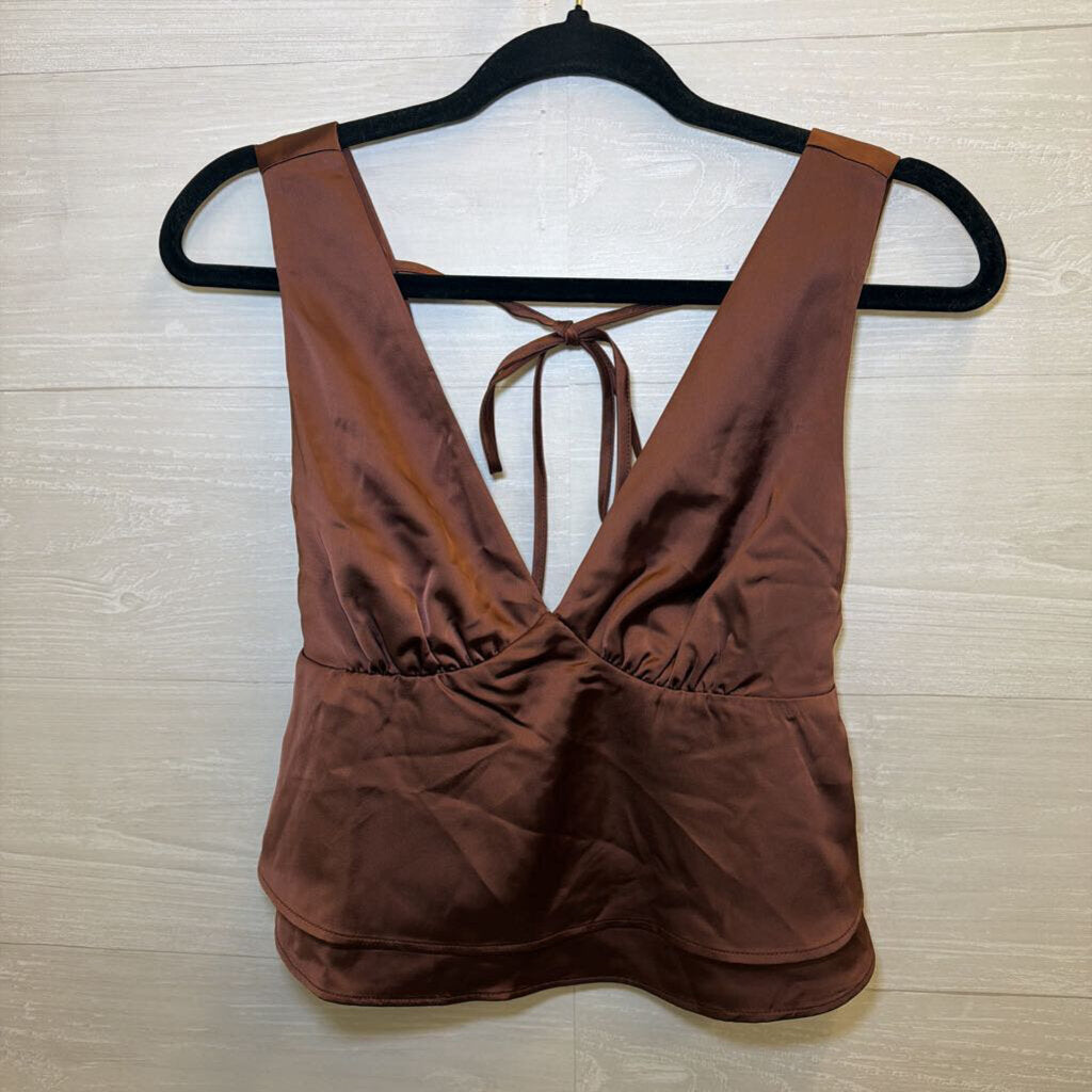 Brown Silky Cropped Baby Doll Top Medium