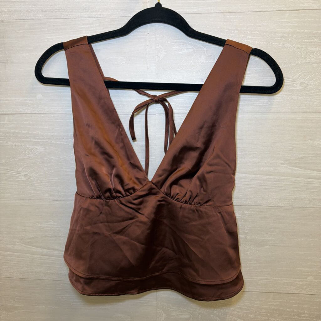 Brown Silky Cropped Baby Doll Top Medium