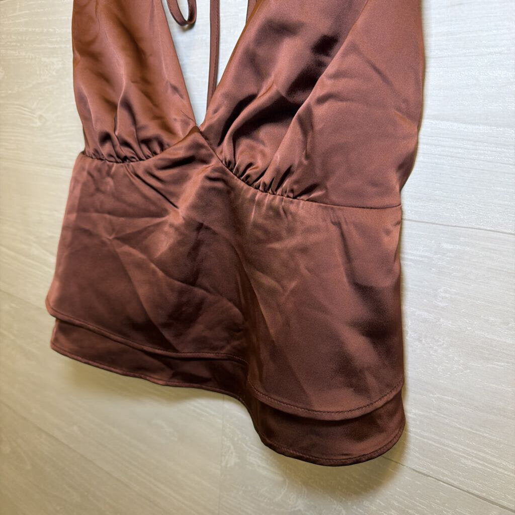 Brown Silky Cropped Baby Doll Top Medium