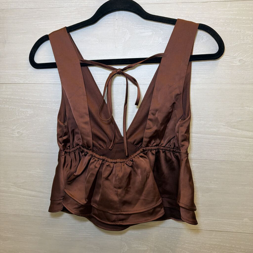 Brown Silky Cropped Baby Doll Top Medium