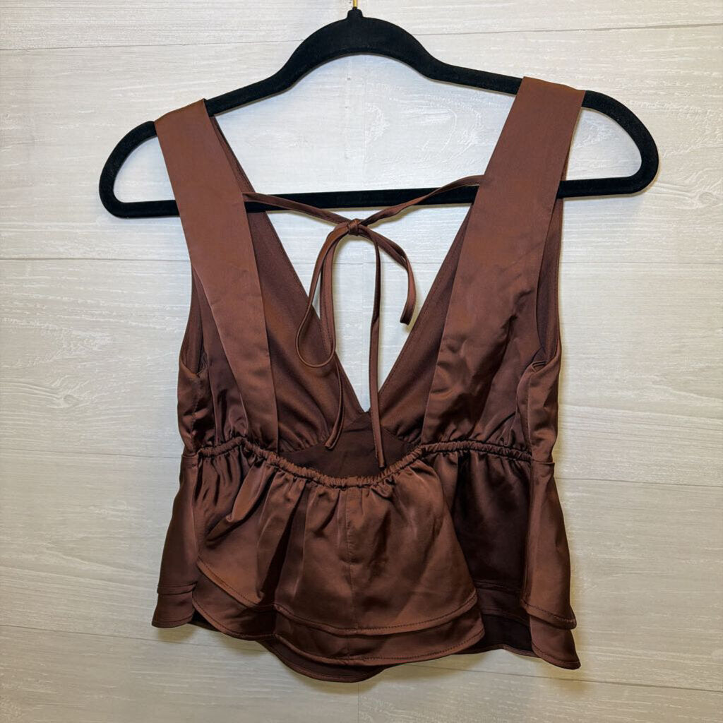 Brown Silky Cropped Baby Doll Top Medium