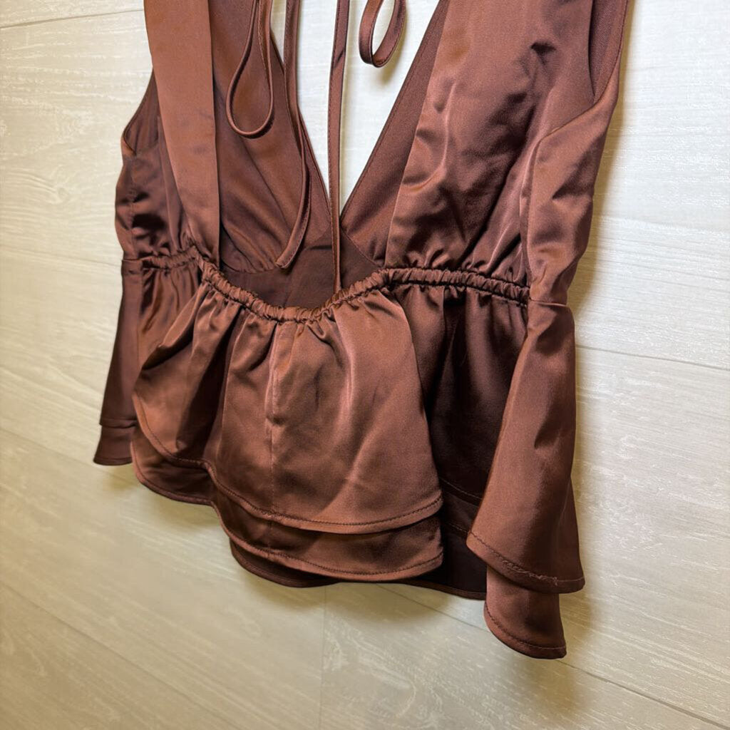 Brown Silky Cropped Baby Doll Top Medium