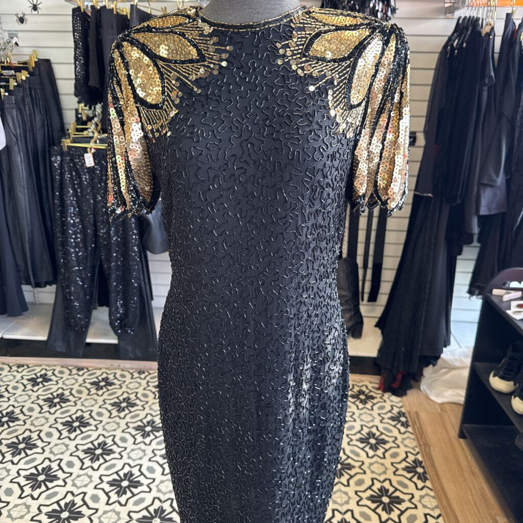 Vintage Gold/Black Beaded Shortsleeve Knee Length Dress 10