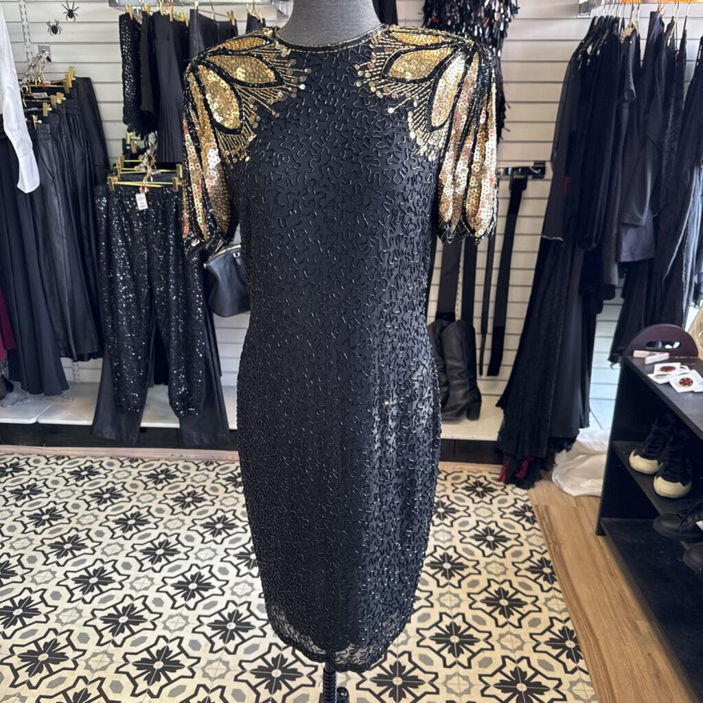 Vintage Gold/Black Beaded Shortsleeve Knee Length Dress 10
