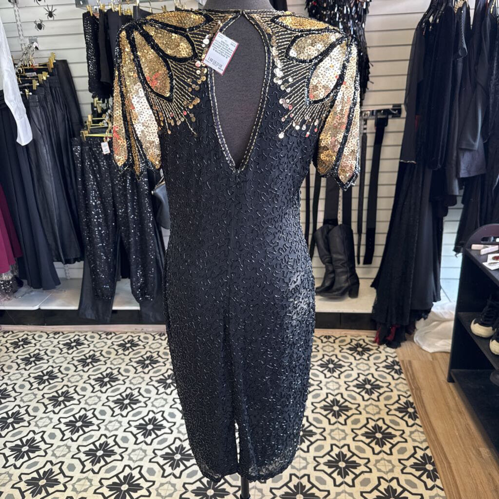 Vintage Gold/Black Beaded Shortsleeve Knee Length Dress 10