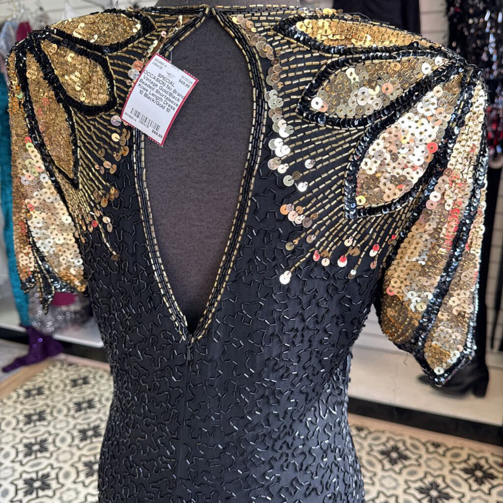Vintage Gold/Black Beaded Shortsleeve Knee Length Dress 10
