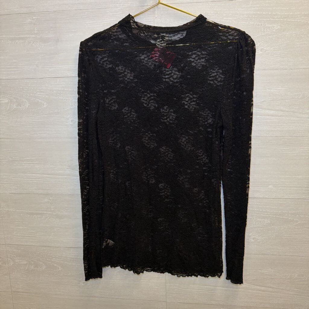 Intimately Free People Black Sheer Lace Long Sleeve Top Large