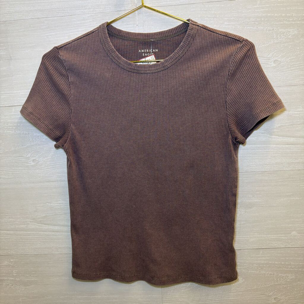 American Eagle Brown Ribbed Cropped Short Sleeve Top Large