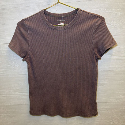 American Eagle Brown Ribbed Cropped Short Sleeve Top Large
