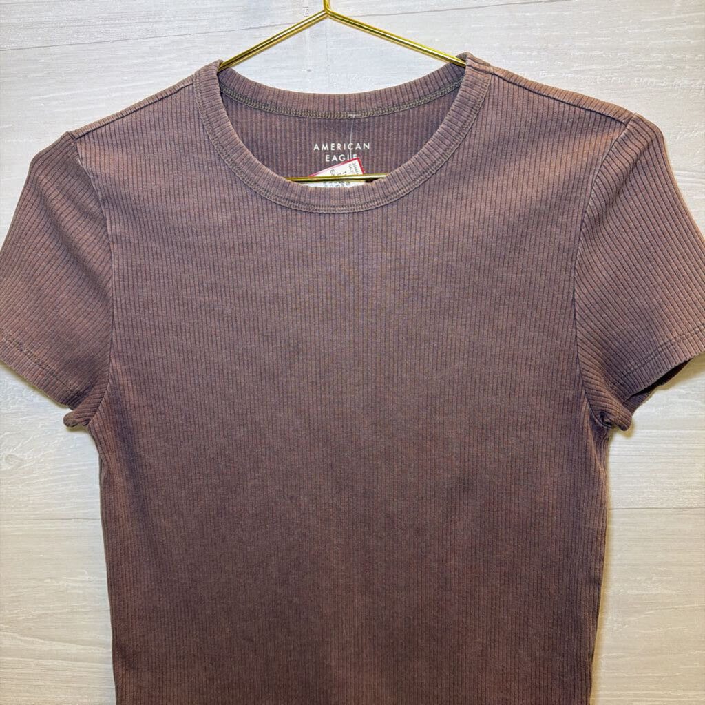 American Eagle Brown Ribbed Cropped Short Sleeve Top Large