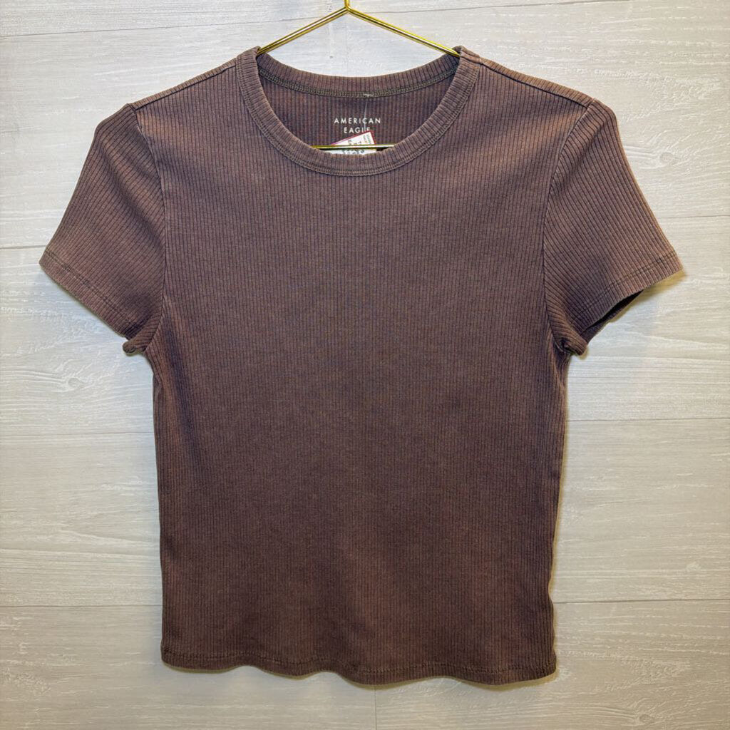 American Eagle Brown Ribbed Cropped Short Sleeve Top Large