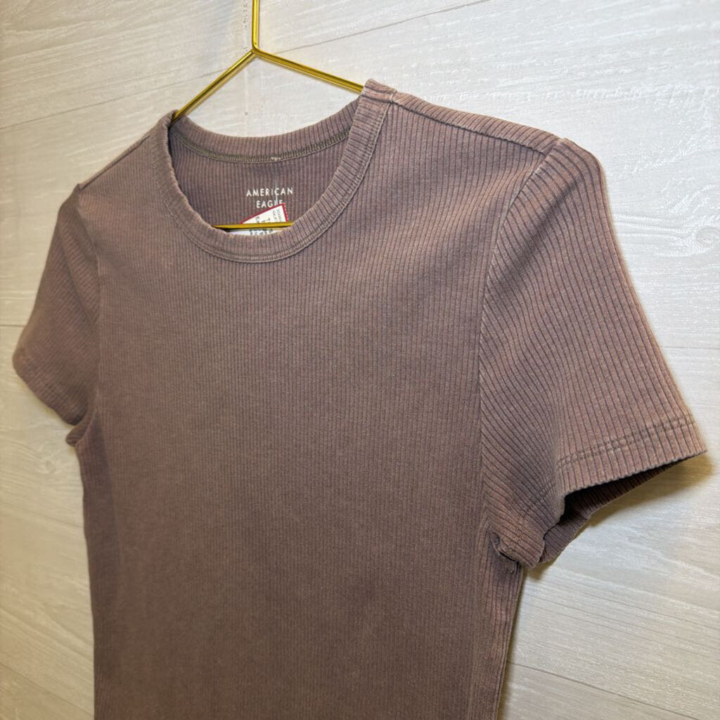 American Eagle Brown Ribbed Cropped Short Sleeve Top Large