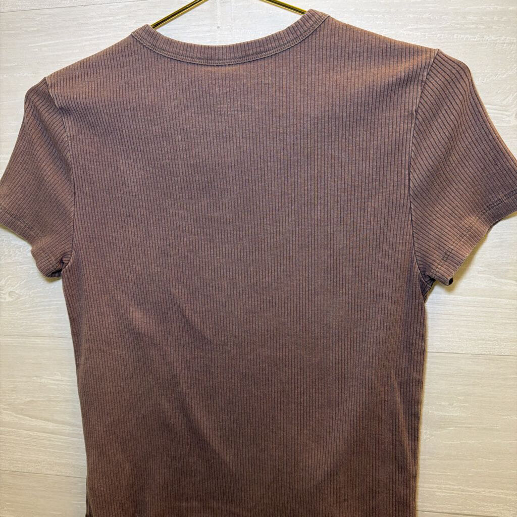 American Eagle Brown Ribbed Cropped Short Sleeve Top Large