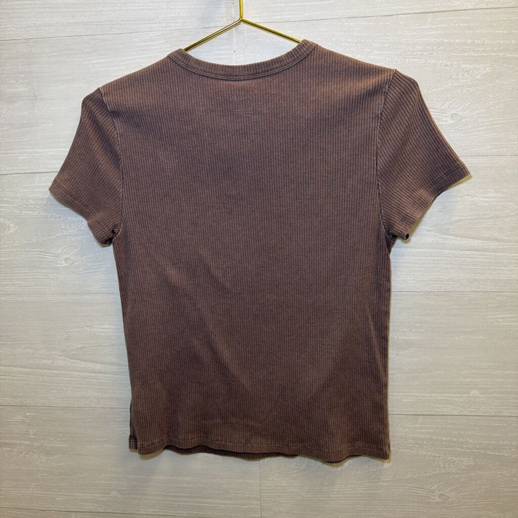 American Eagle Brown Ribbed Cropped Short Sleeve Top Large