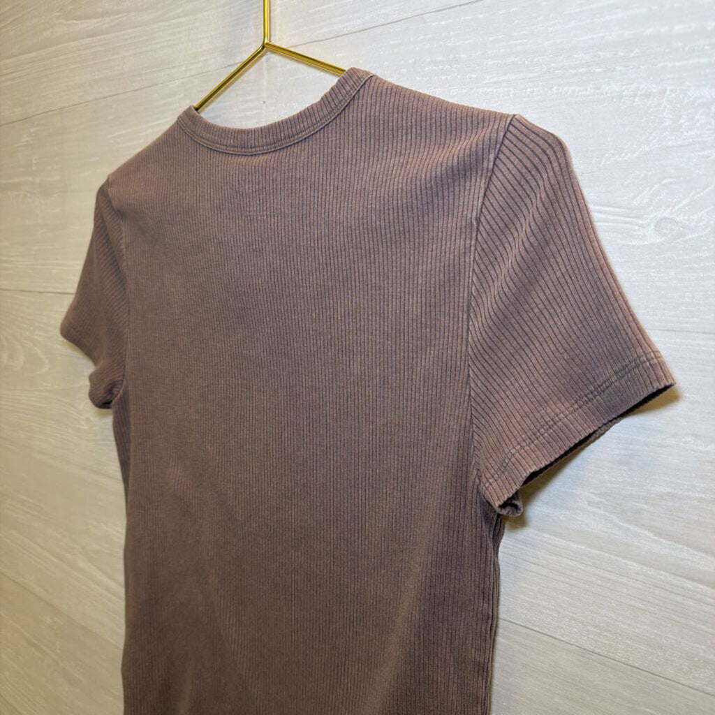 American Eagle Brown Ribbed Cropped Short Sleeve Top Large