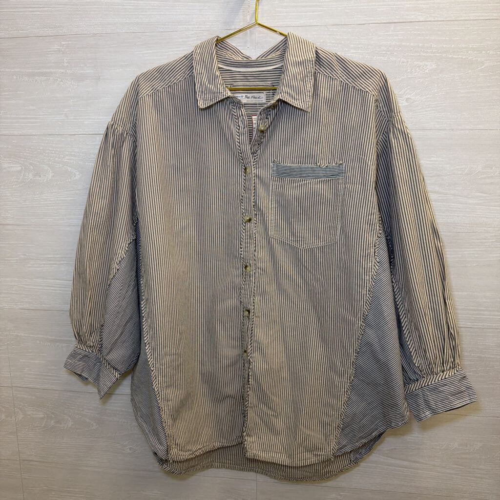 We The Free White/ Grey Striped Long Sleeve Button Down Top Small