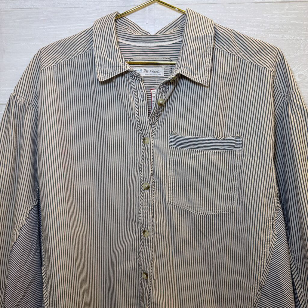 We The Free White/ Grey Striped Long Sleeve Button Down Top Small