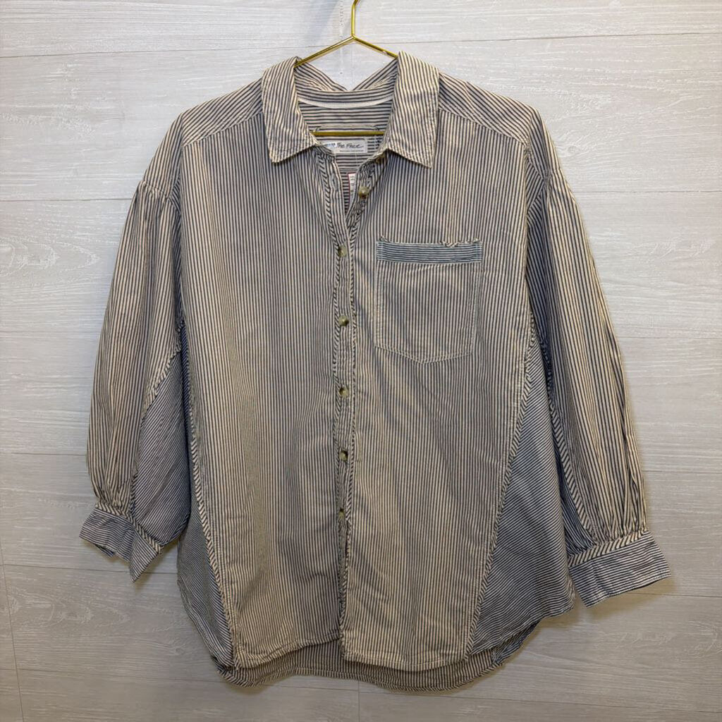 We The Free White/ Grey Striped Long Sleeve Button Down Top Small