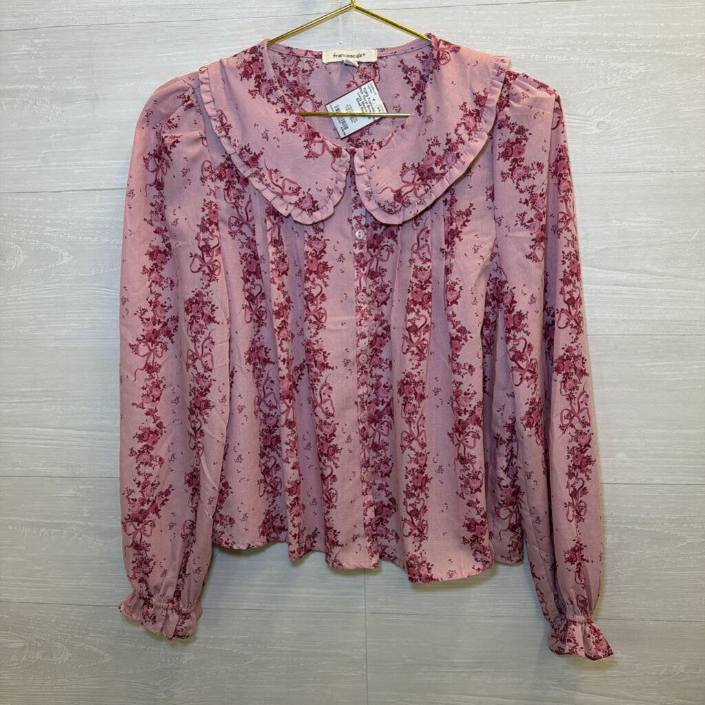 Pink Floral Bow Print Long Sleeve Top Small