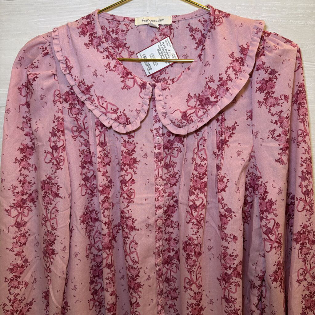 Pink Floral Bow Print Long Sleeve Top Small