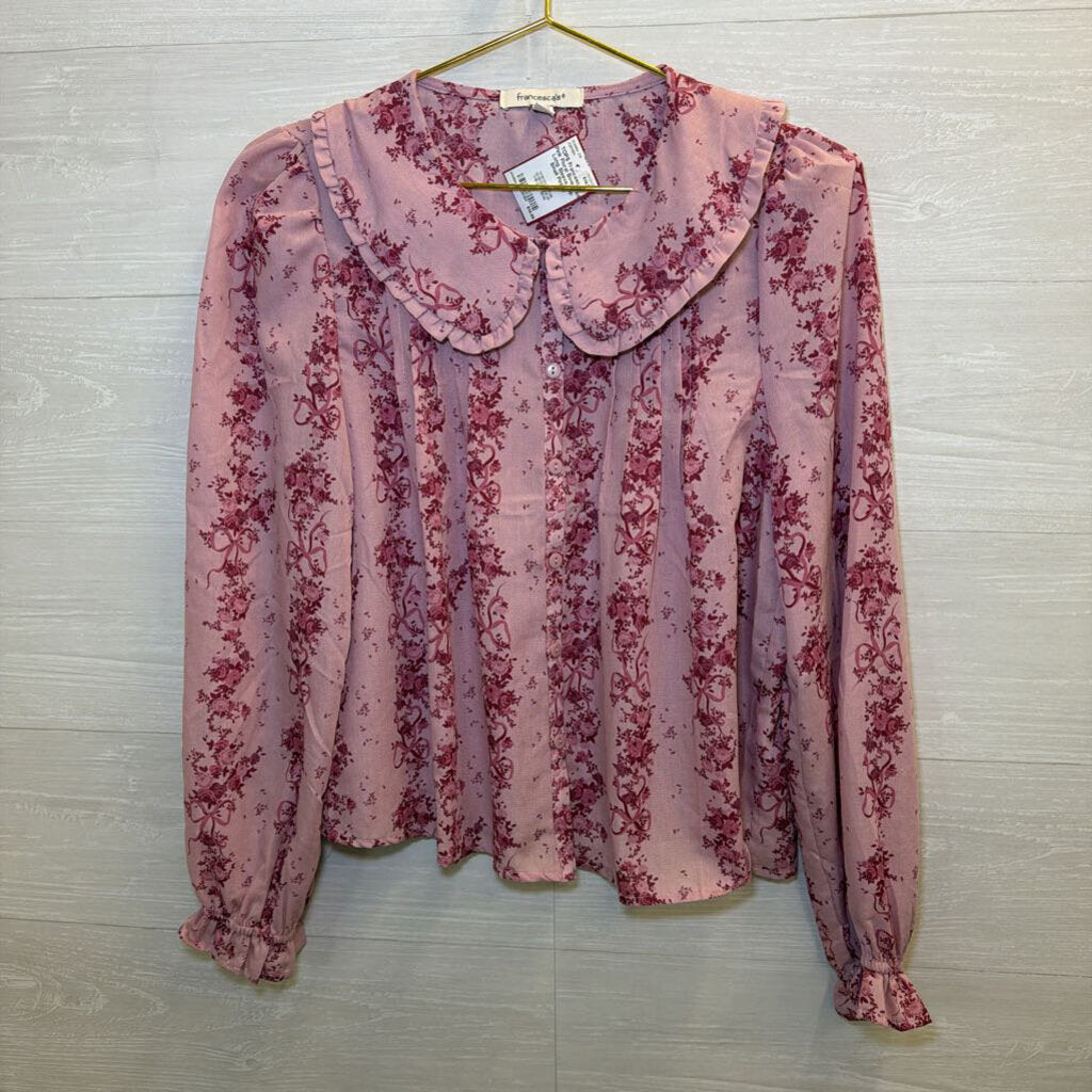 Pink Floral Bow Print Long Sleeve Top Small