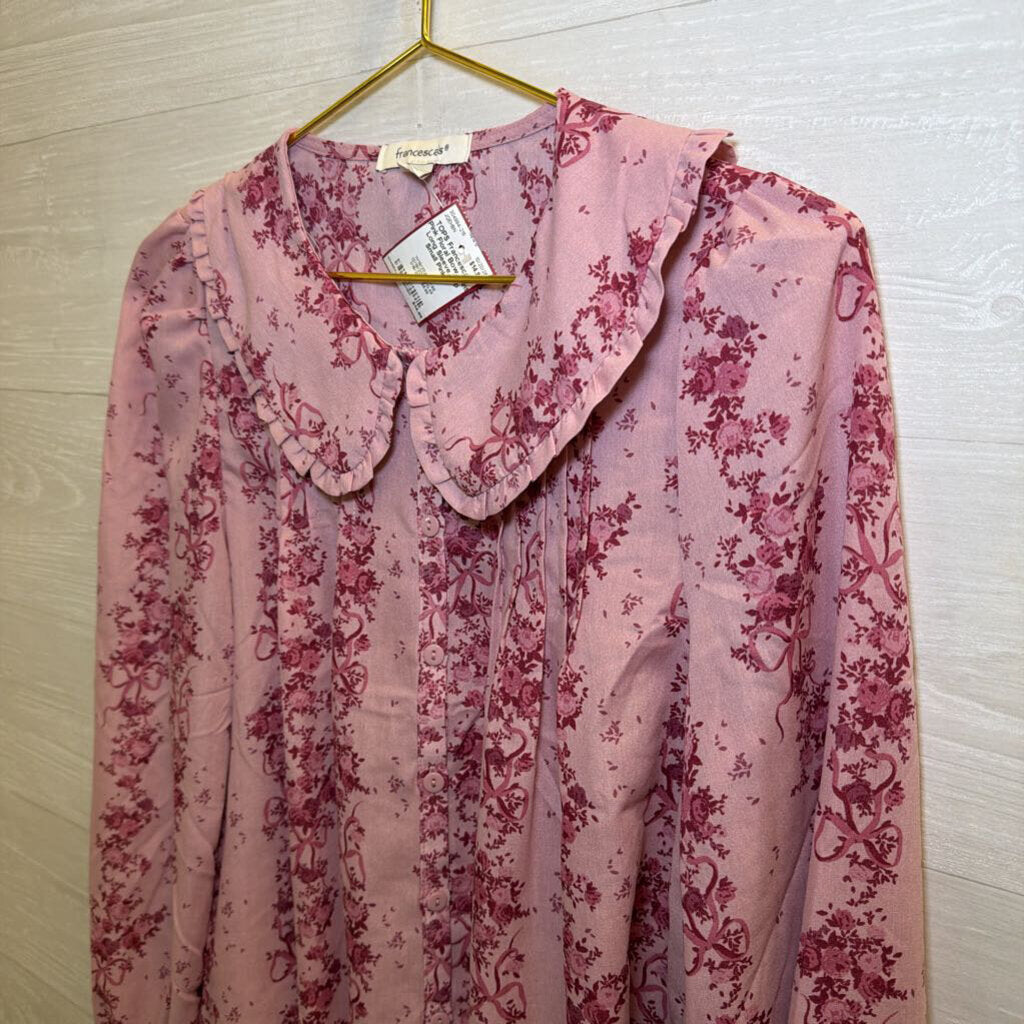 Pink Floral Bow Print Long Sleeve Top Small