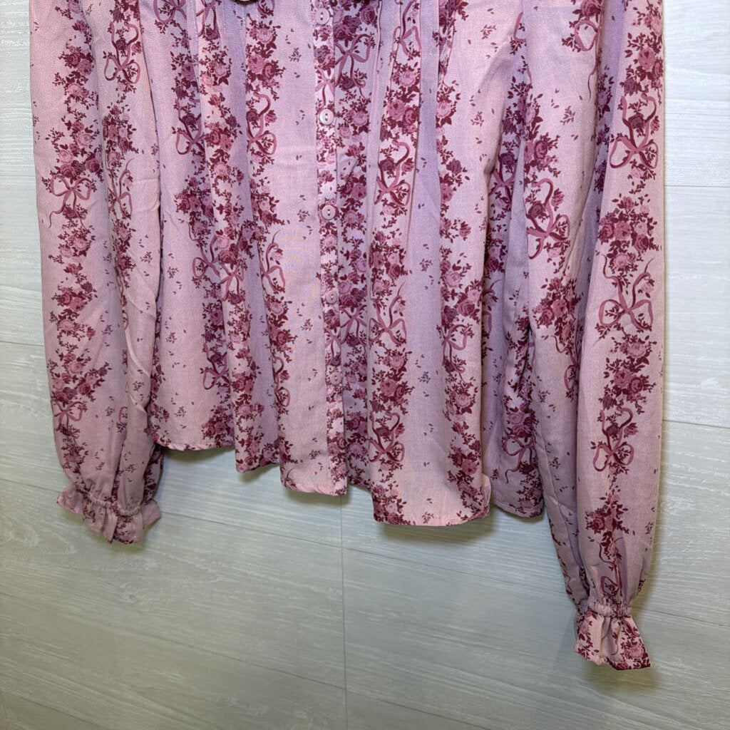 Pink Floral Bow Print Long Sleeve Top Small